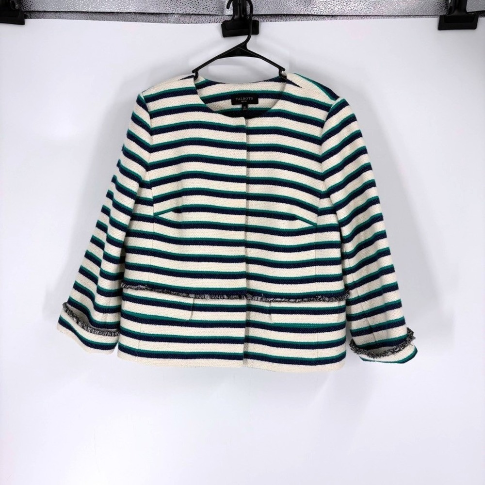 Talbots Petites Jacket 16P Ivory Navy Green Striped Fringe Trim Collarless
